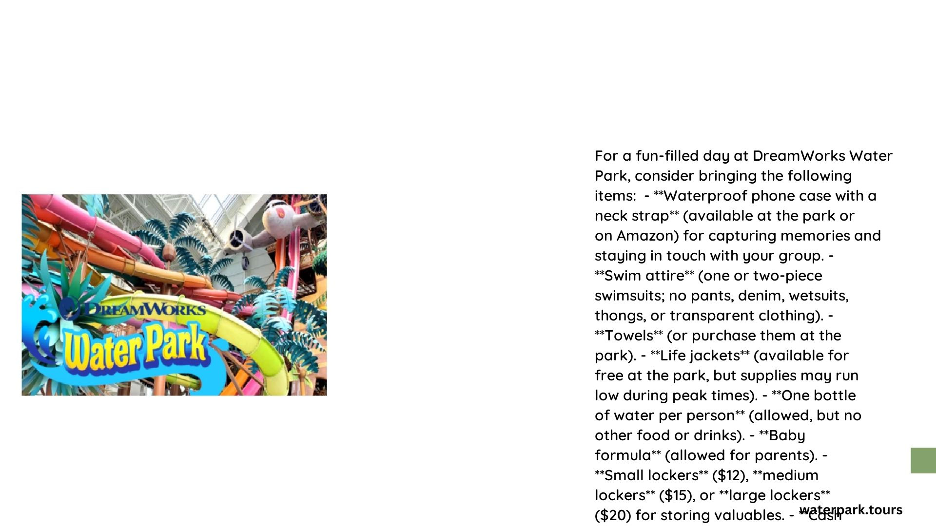 dreamworks water park what to bring